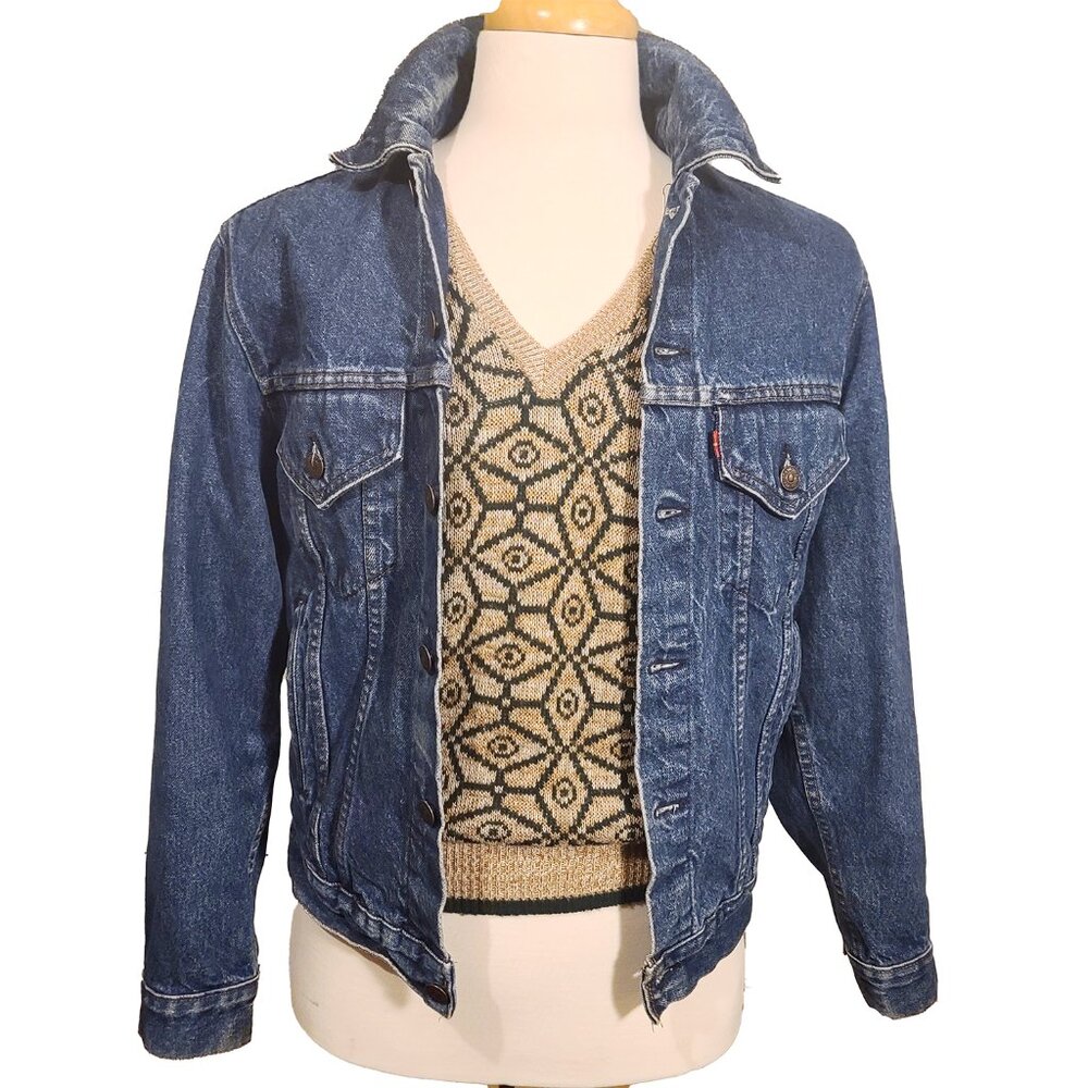 Men's Vintage Geometric V-Neck Knit Sweater Green 70s MOD Medium